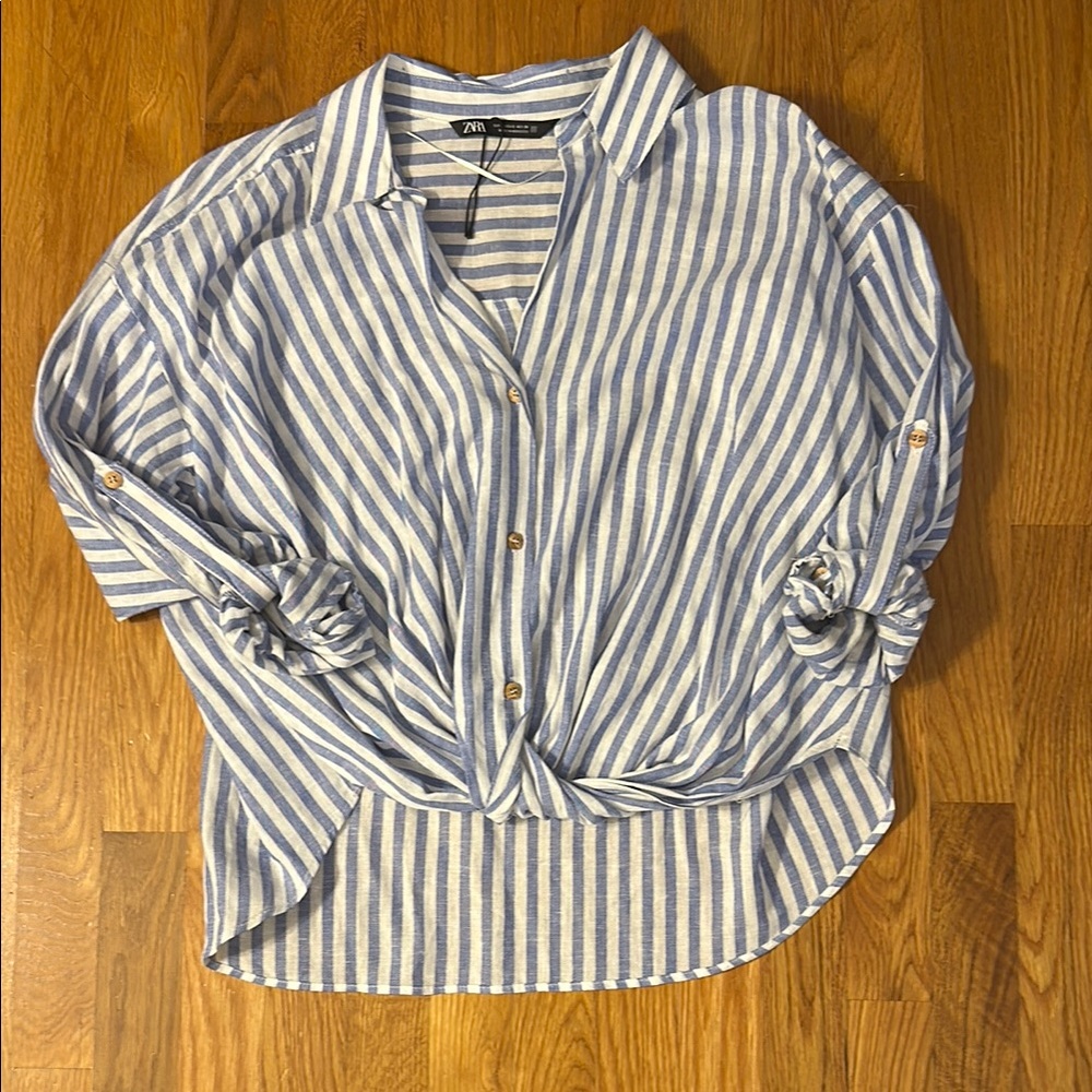 Zara tie front striped linen button down